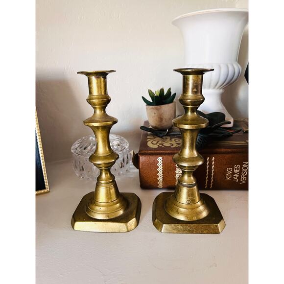 Vintage Brass Candlestick Holders Pair, Hexagon Base, 8” Colonial Revival - Picture 3 of 13